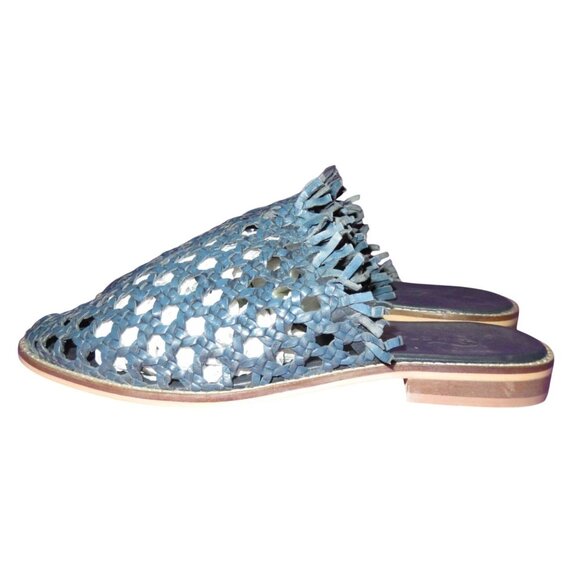 Free People Mirage Blue Woven Raffia Leather Mules Clogs Made in India 40 or 10 - Picture 1 of 7